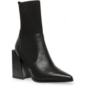 Women's Chunky Stacked Heel Ankle Boots Pointed Toe Booties Slip On Boot Black